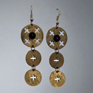 Metal Disc Dangle Earrings with Cut-Out Cross Design & Black Bead